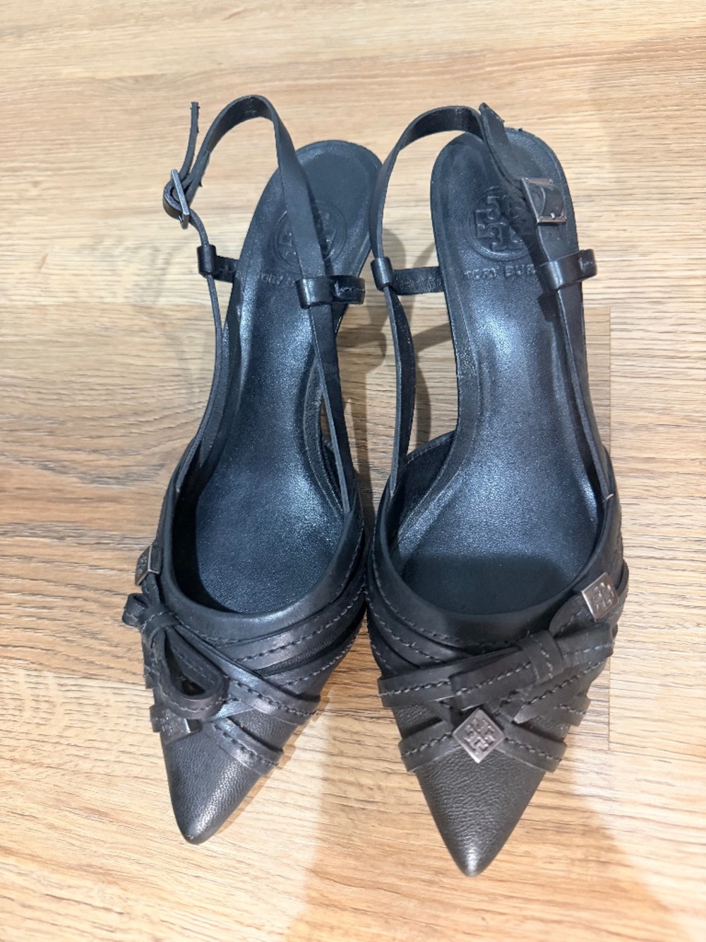 Tory Burch Black Leather Pointed Toe Slingback Kitten Heels 7.5